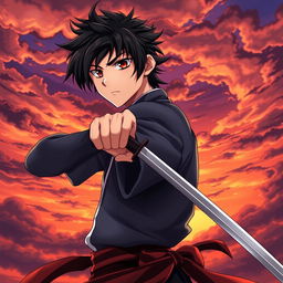 An anime-style young handsome man with striking black hair and captivating red eyes, holding a katana in his right hand