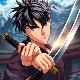 An anime-style young handsome man with striking black hair, confidently holding a katana in his right hand