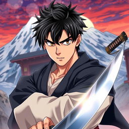 An anime-style young handsome man with striking black hair, confidently holding a katana in his right hand