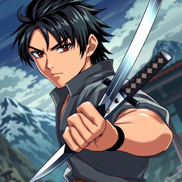 An anime-style young handsome man with striking black hair, confidently holding a katana in his right hand