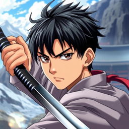 An anime-style young handsome man with striking black hair, confidently holding a katana in his right hand