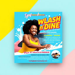 A vibrant flyer design for a car wash pop-up event called 'Splash n' Dine', featuring a stylish black female entrepreneur smiling and washing a car