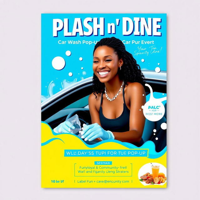 A vibrant flyer design for a car wash pop-up event called 'Splash n' Dine', featuring a stylish black female entrepreneur smiling and washing a car