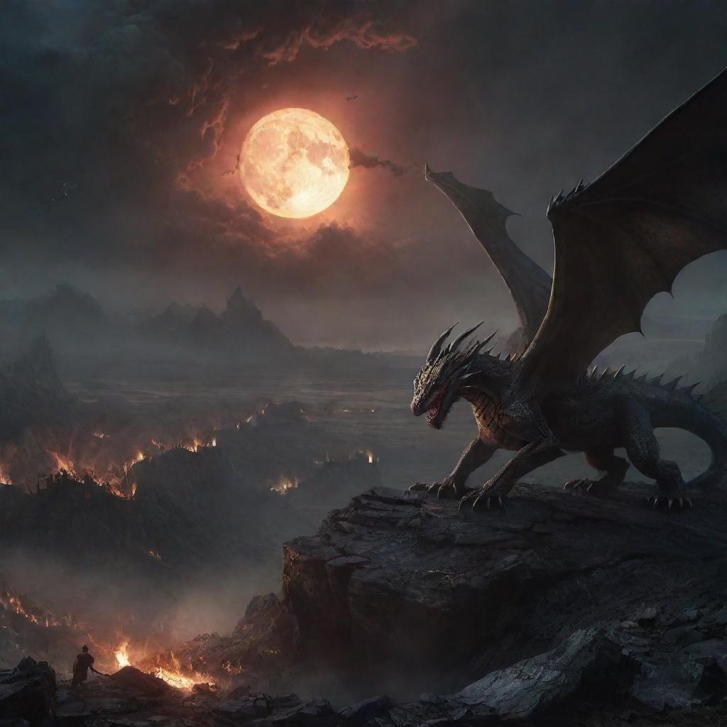 Modify the image to exhibit a scene where the dragons vanish into the night sky, leaving a quiet and devastated landscape below