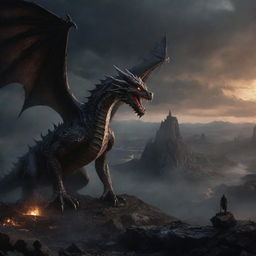 Modify the image to exhibit a scene where the dragons vanish into the night sky, leaving a quiet and devastated landscape below