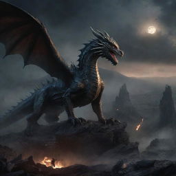 Modify the image to exhibit a scene where the dragons vanish into the night sky, leaving a quiet and devastated landscape below