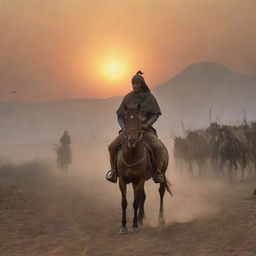 Depict the warrior alone now, on horseback, returning to his village