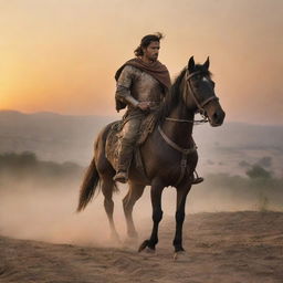 Depict the warrior alone now, on horseback, returning to his village