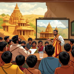 A historical scene depicting a teacher named Vamsi instructing students about the history of Andhra Pradesh, with stunning images of Hampi temples in the background