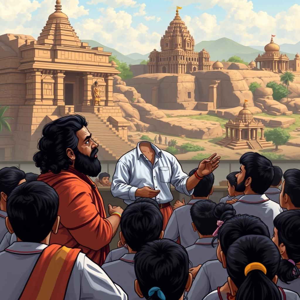 A historical scene depicting a teacher named Vamsi instructing students about the history of Andhra Pradesh, with stunning images of Hampi temples in the background