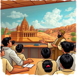 A historical scene depicting a teacher named Vamsi instructing students about the history of Andhra Pradesh, with stunning images of Hampi temples in the background