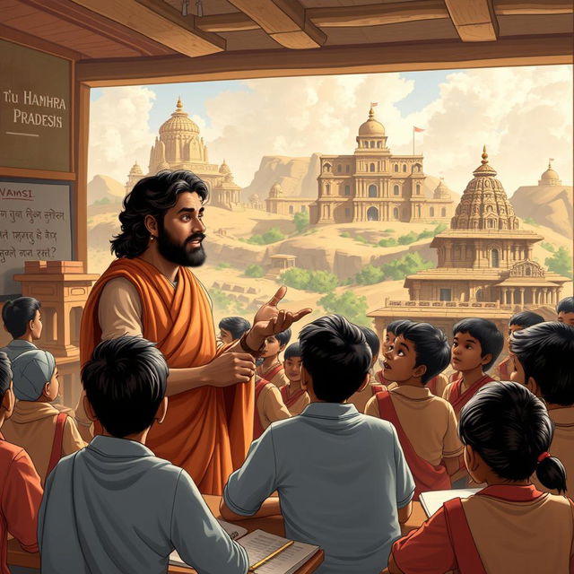 A historical scene depicting a teacher named Vamsi instructing students about the history of Andhra Pradesh, with stunning images of Hampi temples in the background