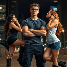 A photo realistic style image featuring a muscle-toned nerdy man at the center, wearing a grey t-shirt and dark blue cargo pants