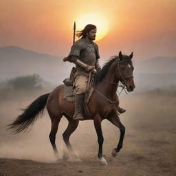 Depict the warrior alone now, on horseback, returning to his village