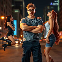 A photo realistic style image featuring a muscle-toned nerdy man at the center, wearing a grey t-shirt and dark blue cargo pants