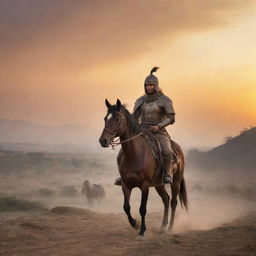 Depict the warrior alone now, on horseback, returning to his village