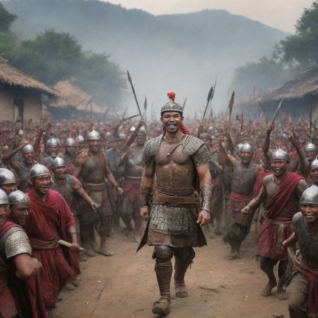 Alter the image to show the warrior's arrival in his village, to a crowd cheering for their returning hero