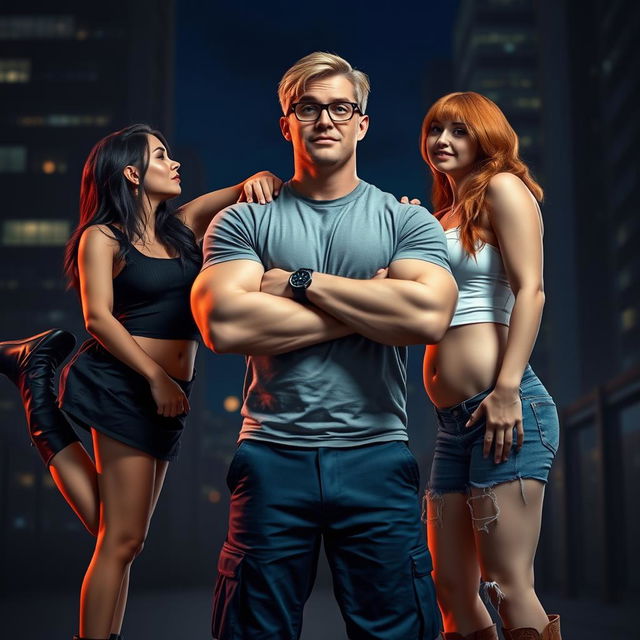 A photo realistic style image featuring a muscle-toned nerdy man at the center, wearing a grey t-shirt and dark blue cargo pants