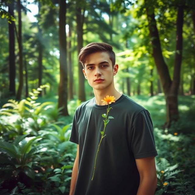 A young man standing in a lush green forest, holding a vibrant flower delicately in one hand