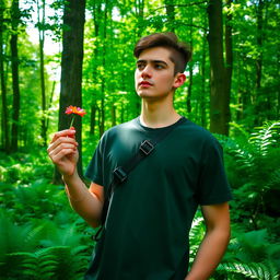 A young man standing in a lush green forest, holding a vibrant flower delicately in one hand