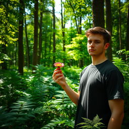 A young man standing in a lush green forest, holding a vibrant flower delicately in one hand