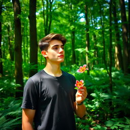A young man standing in a lush green forest, holding a vibrant flower delicately in one hand