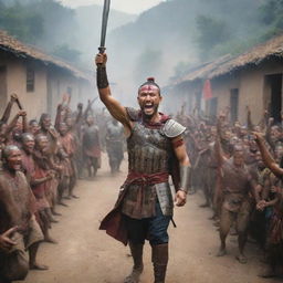 Alter the image to show the warrior's arrival in his village, to a crowd cheering for their returning hero