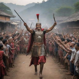 Alter the image to show the warrior's arrival in his village, to a crowd cheering for their returning hero