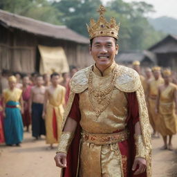 Incorporate into the scene the King, a proud smile on his face as he witnesses the village's joy for their humble hero