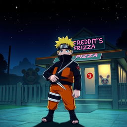 A crossover scene featuring characters from Naruto set in the Five Nights at Freddy's universe