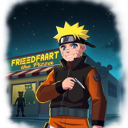 A crossover scene featuring characters from Naruto set in the Five Nights at Freddy's universe