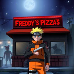 A crossover scene featuring characters from Naruto set in the Five Nights at Freddy's universe