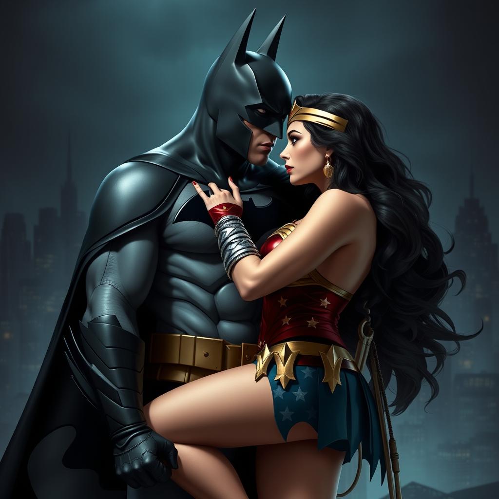 A dramatic and artistic scene featuring Batman and Wonder Woman in a stylized interpretation of a BDSM scenario