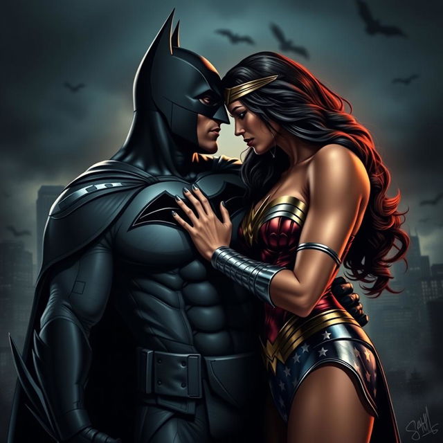 A dramatic and artistic scene featuring Batman and Wonder Woman in a stylized interpretation of a BDSM scenario