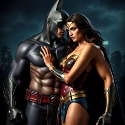 A dramatic and artistic scene featuring Batman and Wonder Woman in a stylized interpretation of a BDSM scenario