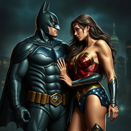 A dramatic and artistic scene featuring Batman and Wonder Woman in a stylized interpretation of a BDSM scenario