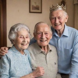 Show the man, now King, on returning home, getting met with the proud and teary-eyed gaze of his elderly parents