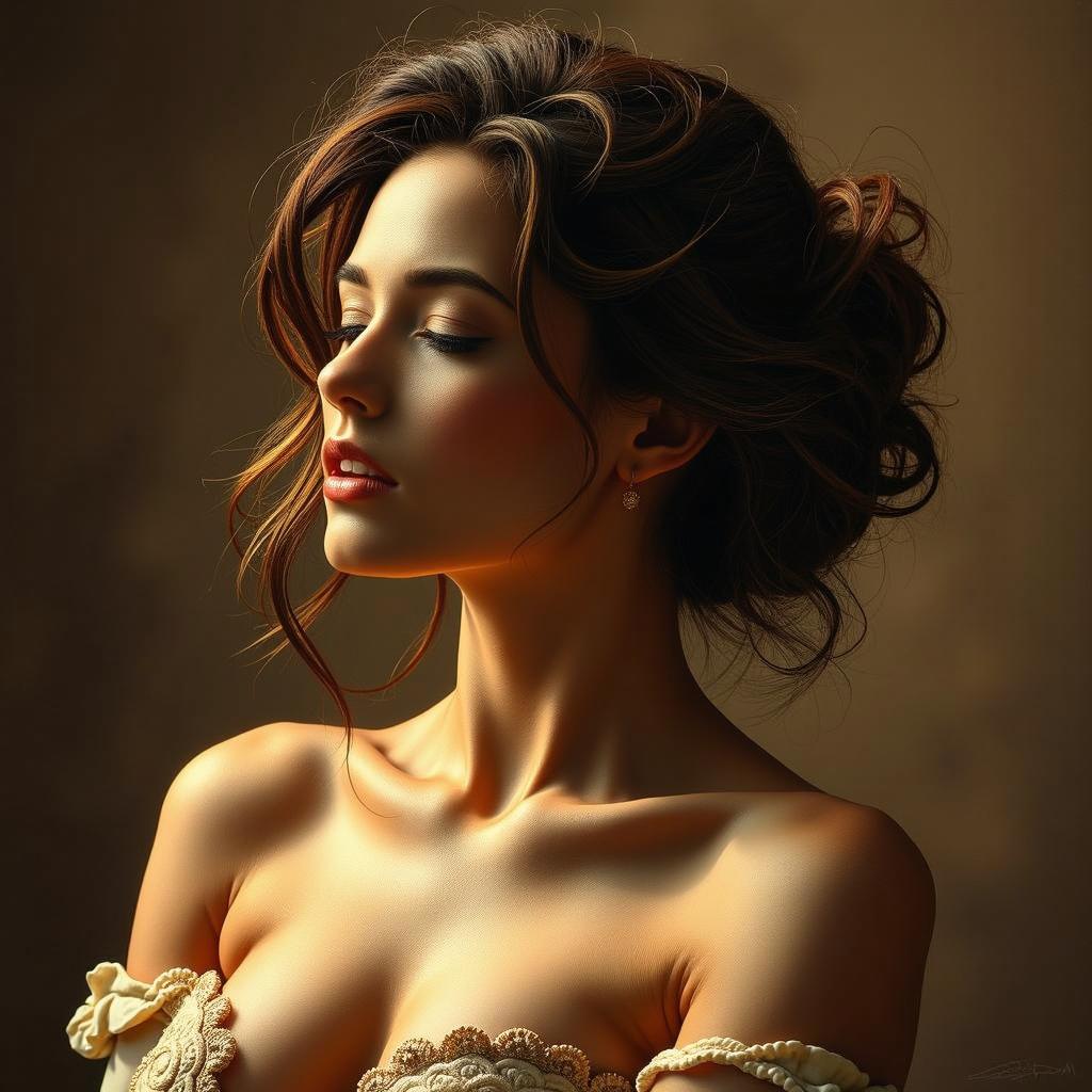 A beautifully styled woman with flowing hair and a serene expression, softly lit by warm light