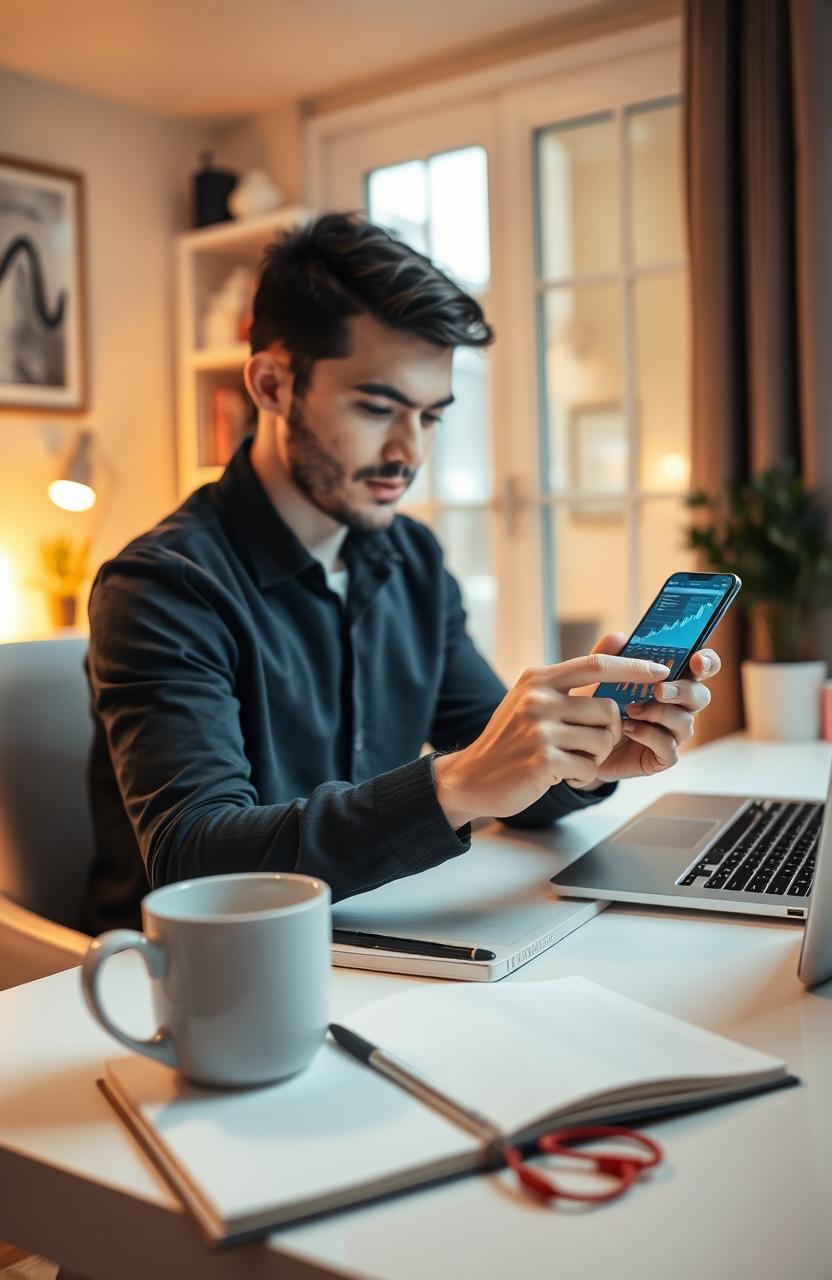 An individual using a smartphone to trade stocks in a cozy, modern home office