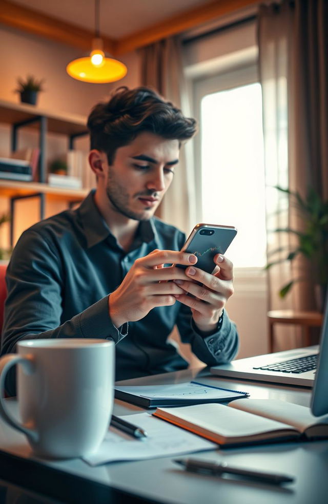 An individual using a smartphone to trade stocks in a cozy, modern home office