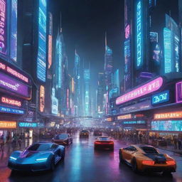 Futuristic cityscape in the year 2077, illuminated and bustling with neon lights and high-tech vehicles.