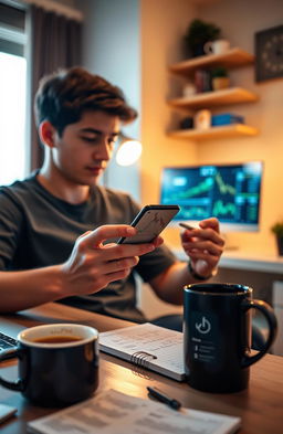 An individual using a smartphone to trade stocks in a cozy, modern home office