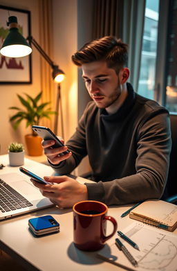 An individual using a smartphone to trade stocks in a cozy, modern home office