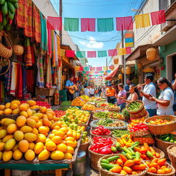 A vibrant and colorful street market scene in a Latin American country, showcasing a variety of fresh fruits, vegetables, textiles, and handmade crafts