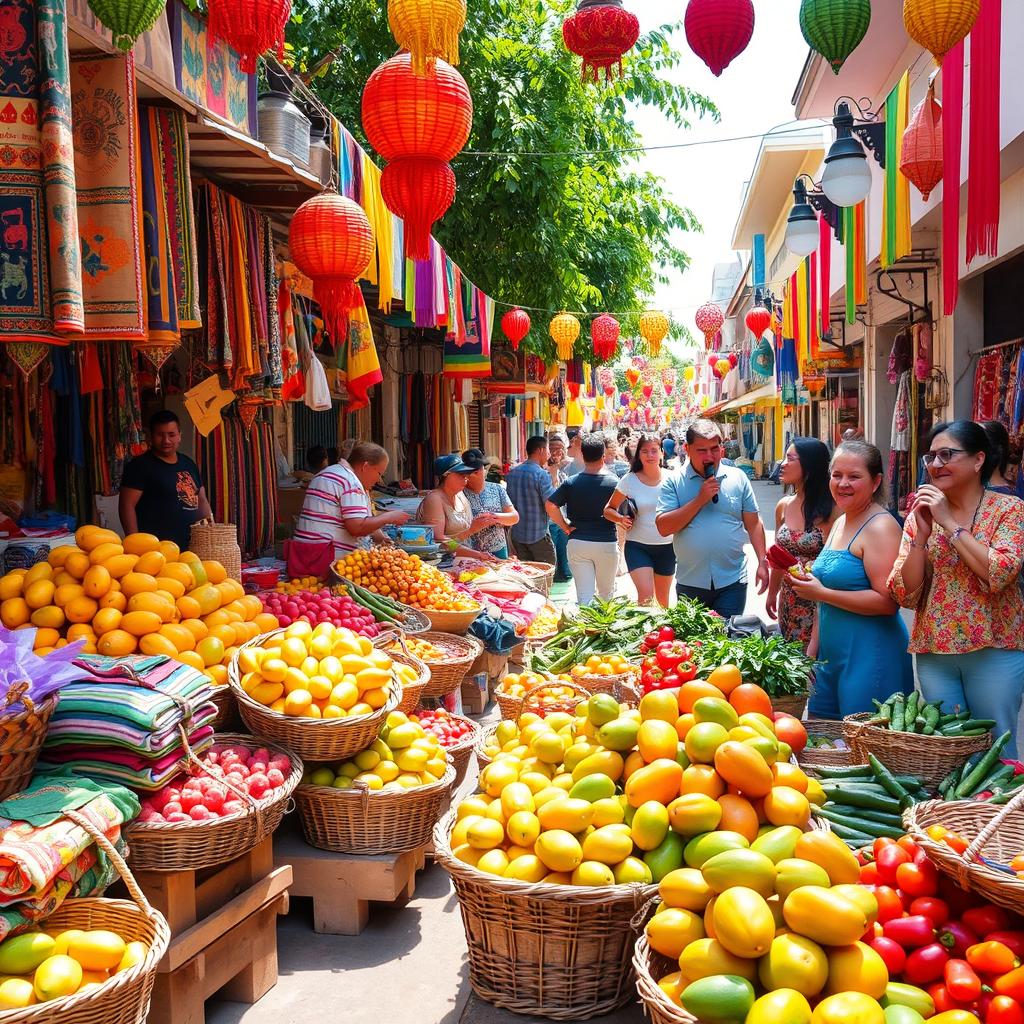 A vibrant and colorful street market scene in a Latin American country, showcasing a variety of fresh fruits, vegetables, textiles, and handmade crafts