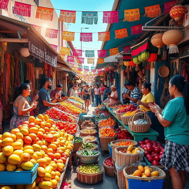 A vibrant and colorful street market scene in a Latin American country, showcasing a variety of fresh fruits, vegetables, textiles, and handmade crafts