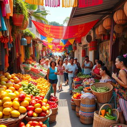 A vibrant and colorful street market scene in a Latin American country, showcasing a variety of fresh fruits, vegetables, textiles, and handmade crafts