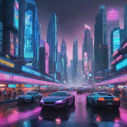 Futuristic cityscape in the year 2077, illuminated and bustling with neon lights and high-tech vehicles.