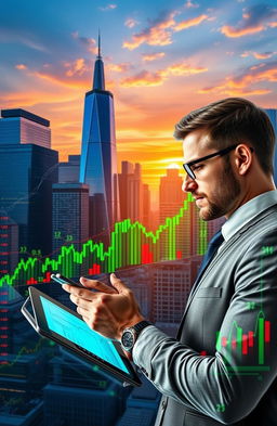A visually striking image of diverse stock market elements, featuring a dynamic city skyline in the background with glass skyscrapers reflecting vibrant stock charts and green upward trending lines