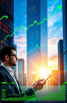 A visually striking image of diverse stock market elements, featuring a dynamic city skyline in the background with glass skyscrapers reflecting vibrant stock charts and green upward trending lines